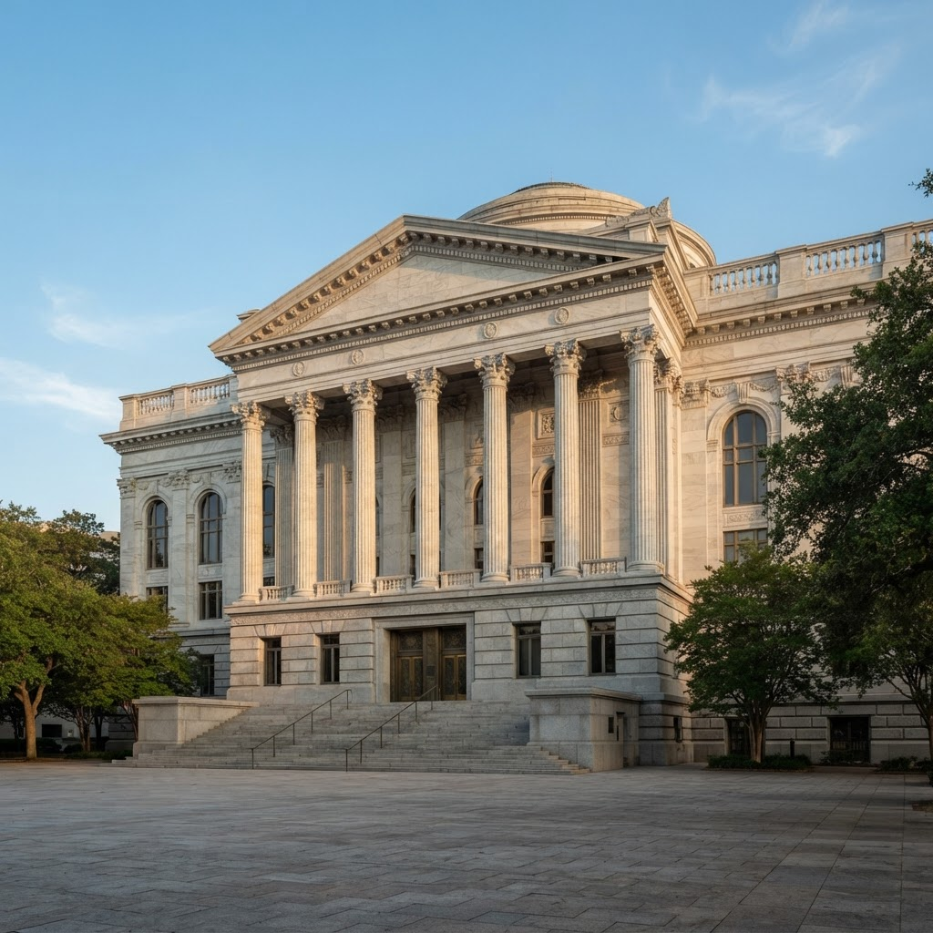 Stone columns of a public civic institution building in soft afternoon light.
