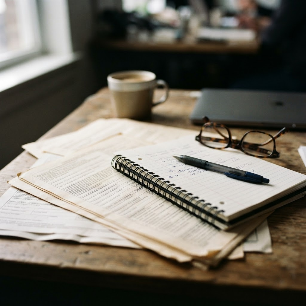 A reporter's desk with research documents, a notebook and a pen in soft daylight.
